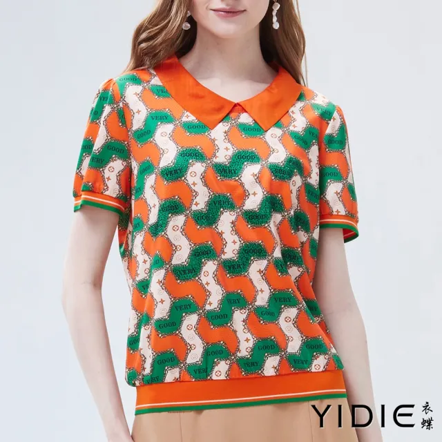 【YIDIE 衣蝶】撞色幾何圖案亮鑽造型上衣-柑