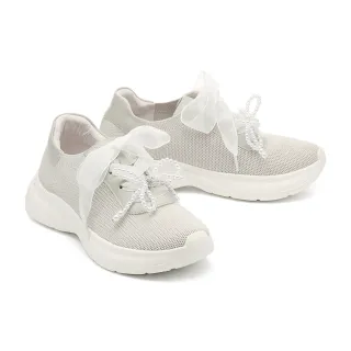 【MELROSE】美樂斯 奢華婚紗珍珠蝴蝶結牛皮拼接飛織布厚底休閒鞋(灰)