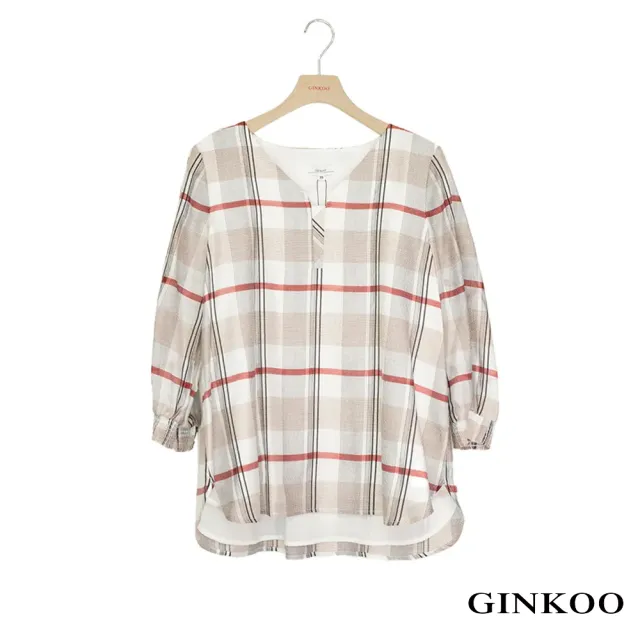 【GINKOO 俊克】袖縮口V領格紋上衣