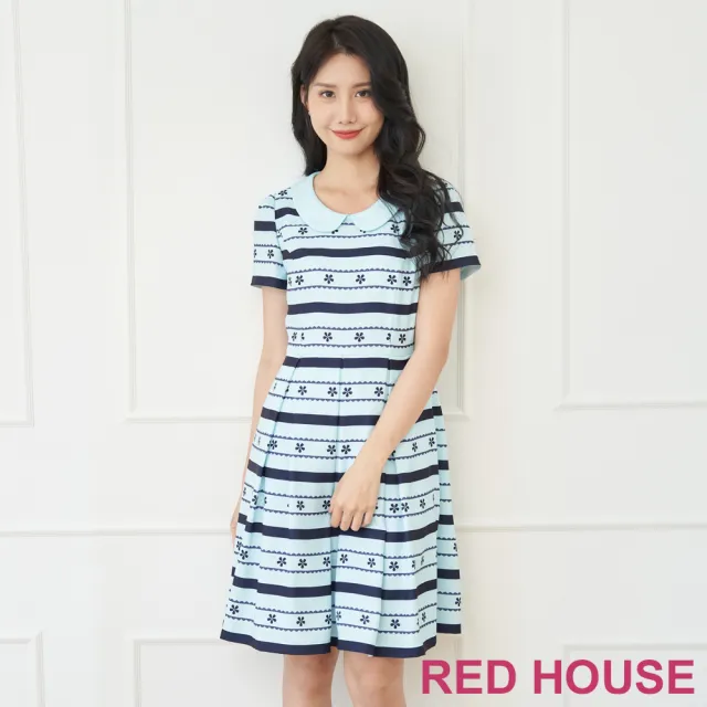 【RED HOUSE 蕾赫斯】甜美小圓領花朵條紋印花洋裝(淺綠色)