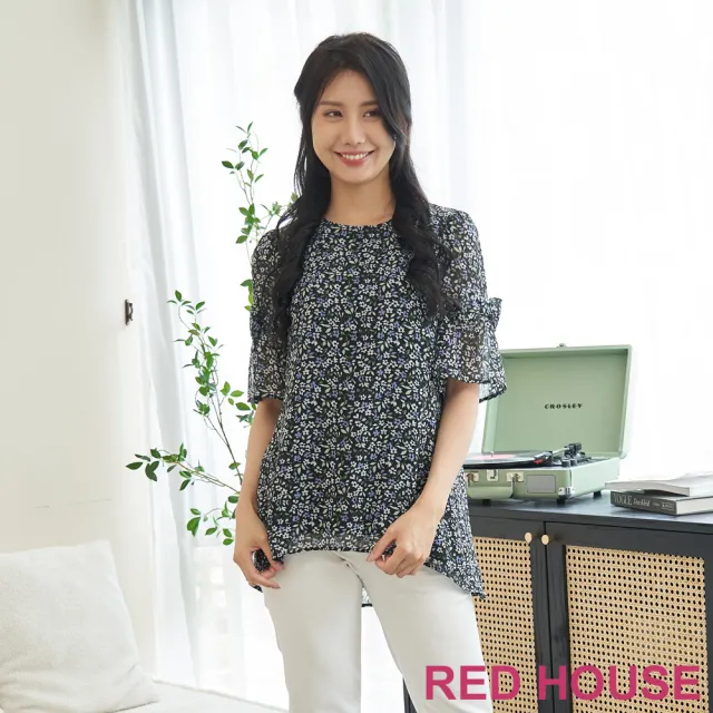 【RED HOUSE 蕾赫斯】甜美蝴蝶結點綴小花朵上衣(黑色)