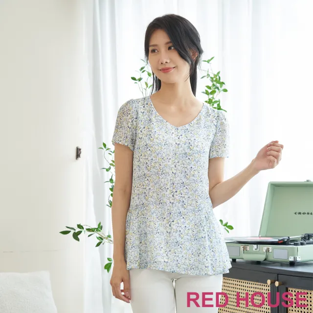 【RED HOUSE 蕾赫斯】清新小碎花波浪雪紡上衣(水藍色)