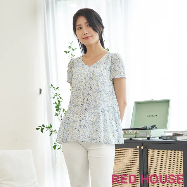 【RED HOUSE 蕾赫斯】清新小碎花波浪雪紡上衣(水藍色)