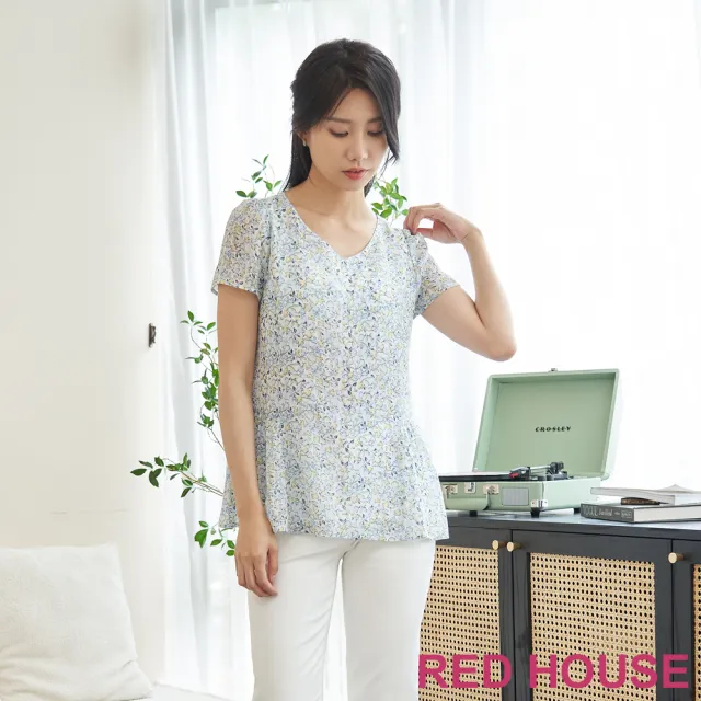 【RED HOUSE 蕾赫斯】清新小碎花波浪雪紡上衣(水藍色)