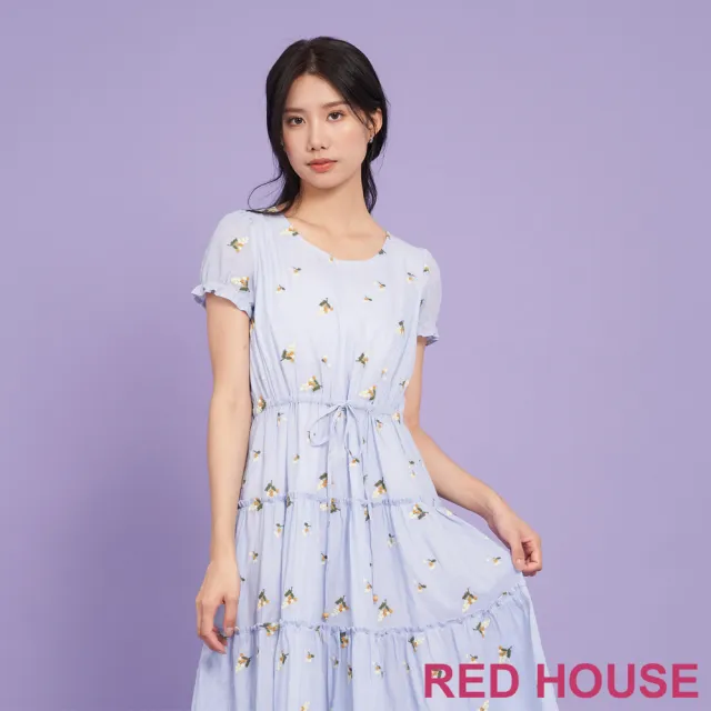 【RED HOUSE 蕾赫斯】清新刺繡小花蛋糕裙洋裝(藍色)