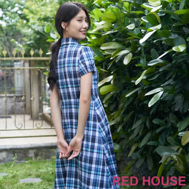 【RED HOUSE 蕾赫斯】都會感珍珠釦格紋襯衫洋裝(深藍色)