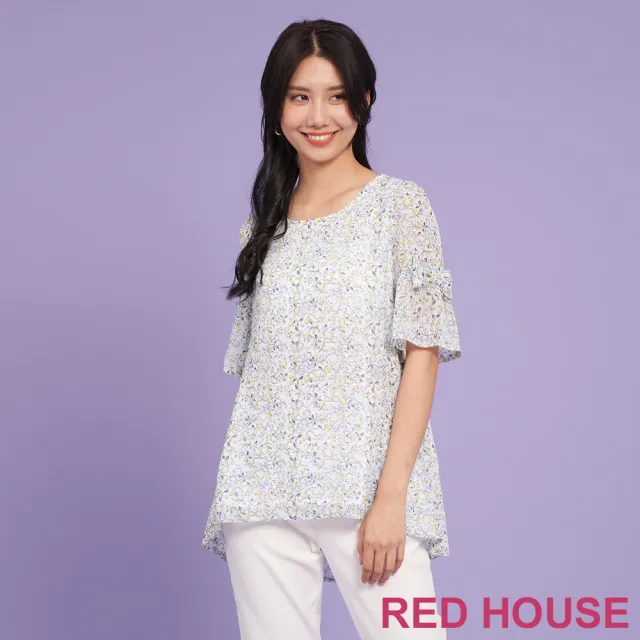 【RED HOUSE 蕾赫斯】柔和蝴蝶結點綴小碎花上衣(水藍色)