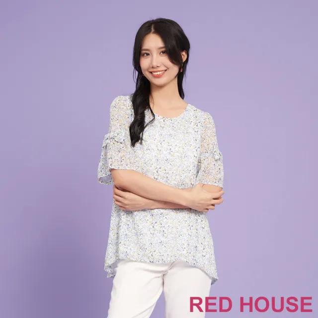 【RED HOUSE 蕾赫斯】柔和蝴蝶結點綴小碎花上衣(水藍色)