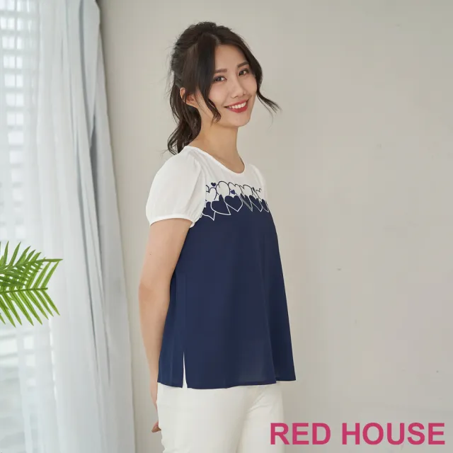 【RED HOUSE 蕾赫斯】氣質刺繡愛心配色雪紡上衣(深藍色)