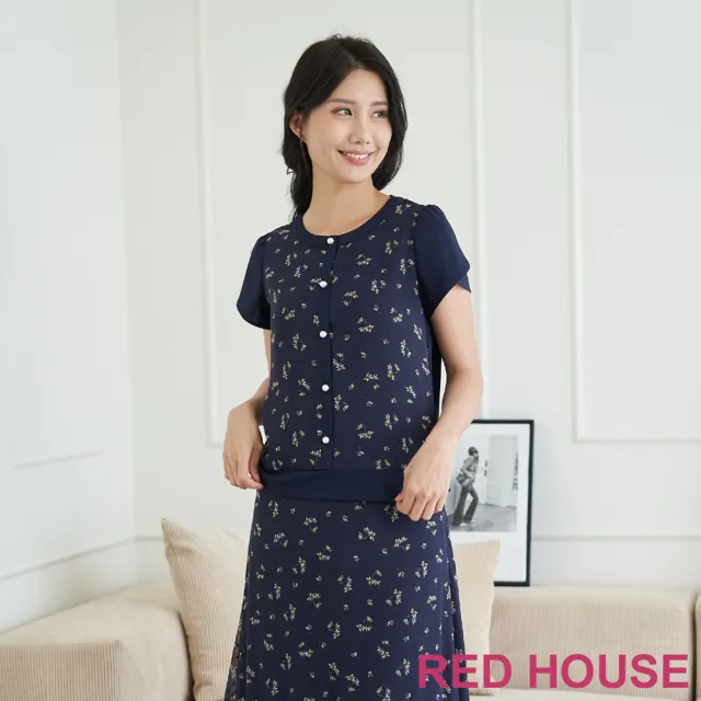 【RED HOUSE 蕾赫斯】秀氣花朵拼接上衣(深藍色)