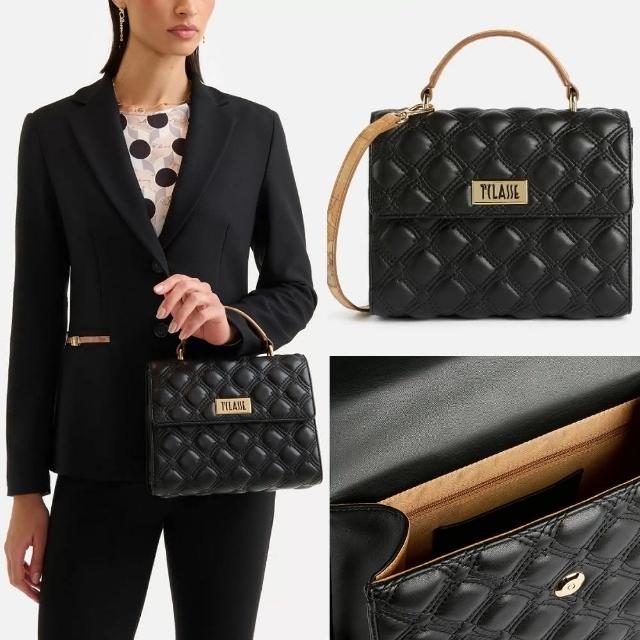 【Alviero Martini】義大利地圖包 輕奢菱格紋 翻蓋手提側背包24cm(黑色)