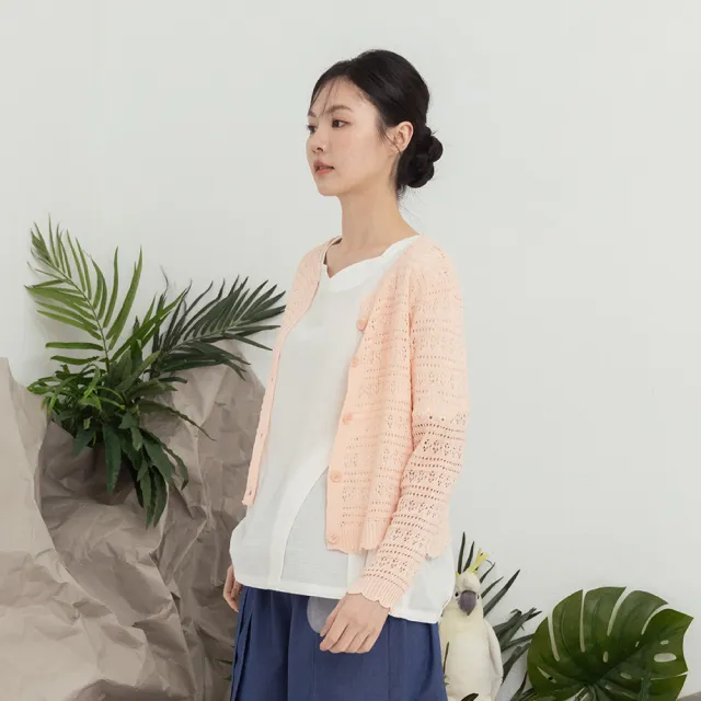【MOSS CLUB】花邊領洞洞鏤空長袖針織外套(藍 白 粉/魅力商品)