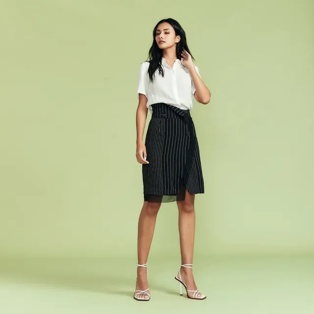 【ICHE 衣哲】Cop.Copine法式簡約風條紋拼接鉛筆造型及膝裙