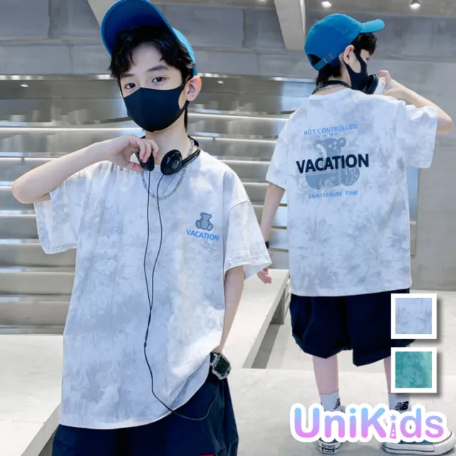 【UniKids】中大童裝短袖T恤 紮染噴印上衣 男大童裝 VPSBE-T78(白 綠)