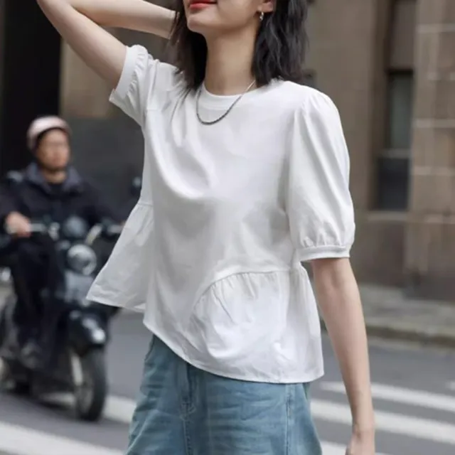 【MsMore】法式寬鬆圓領短袖T恤設計感短版上衣#124807(白  黑)