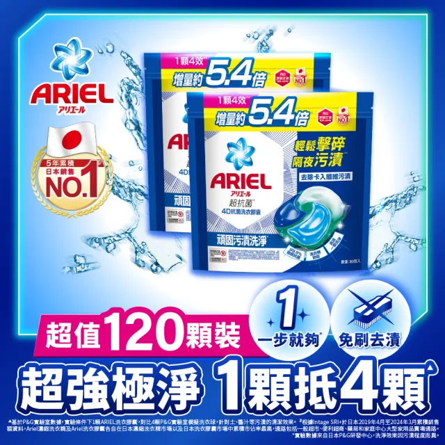 【ARIEL】極淨進化 4D抗菌洗衣膠囊/洗衣球 60顆袋裝X2 日本進口 10倍潔淨 超強抗臭(抗菌去漬/室內晾衣)