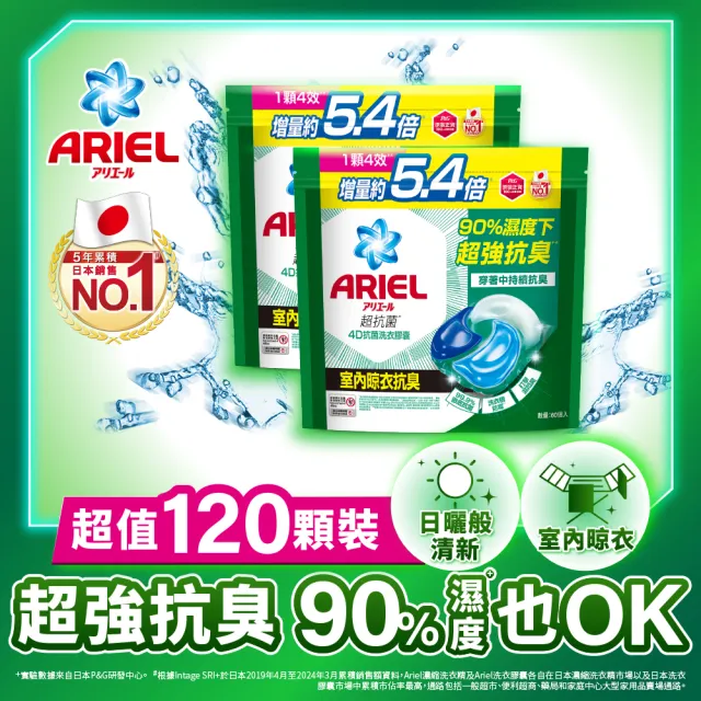 【ARIEL】極淨進化 4D抗菌洗衣膠囊/洗衣球 60顆袋裝X2 日本進口 10倍潔淨 超強抗臭(抗菌去漬/室內晾衣)