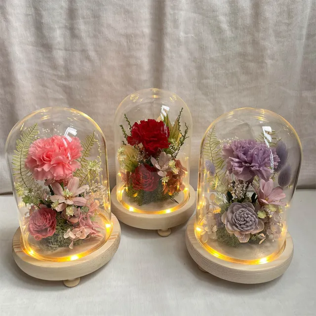 【OSTARA FLORIST 奧斯塔拉花藝】永生康乃馨玻璃罩-紅/紫/粉(永生花、康乃馨、母親節、女性長輩、居家布置)