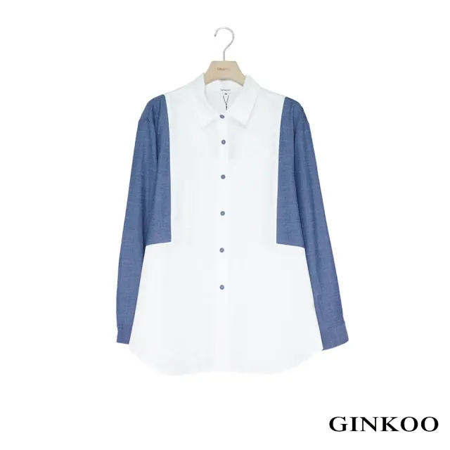 【GINKOO 俊克】牛仔長袖拼接襯衫