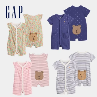 【GAP】嬰兒裝 純棉小熊刺繡印花圓領短袖包屁衣/連體衣-多款任選(767389&767387)