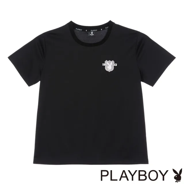 【PLAYBOY】涼感暗紋繡花圓領上衣(黑色)