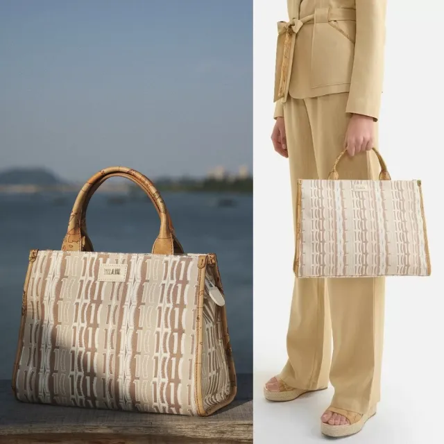 【Alviero Martini】義大利地圖包 LOGO布面手提側背大托特包36cm(杏色)