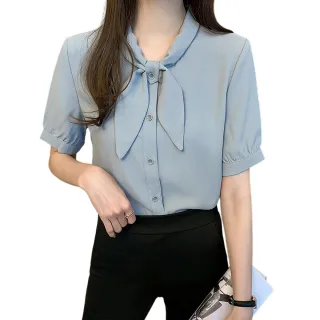 【CHACO】/預購/女夏 氣質蝴蝶結領短袖雪紡襯衫上衣#6968(雪紡 上衣 襯衫 長袖 女 夏 OL)