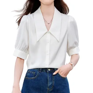 【CHACO】/預購/女夏 白色雪紡襯衫職場俐落尖領排釦短袖上衣#855(雪紡 上衣 襯衫 短袖 女 夏 OL)