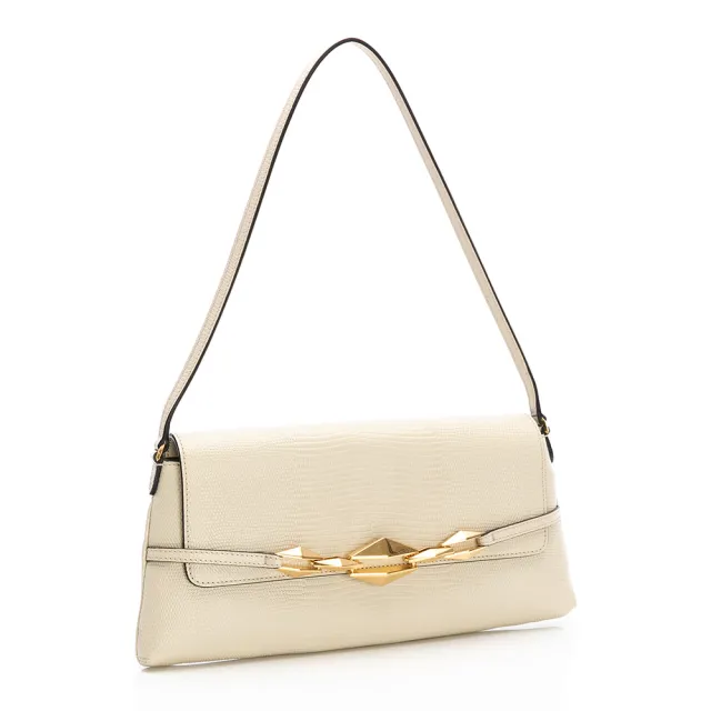 【JIMMY CHOO】Diamond Shoulder E/W(蜥蜴紋印花皮革包-白/金)