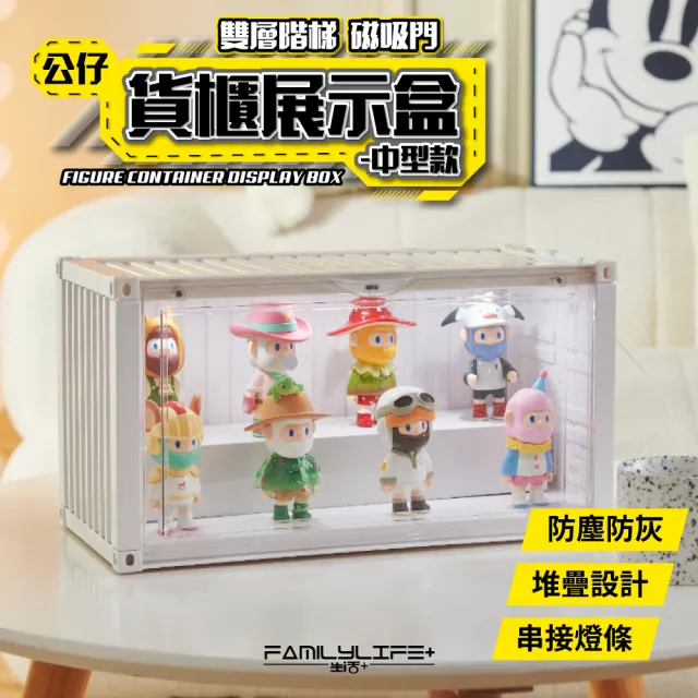 【FL 生活+】貨櫃雙層階梯-中型款-磁吸門展示盒(展示架/展示盒/模型收納盒/盲盒/扭蛋/模型公仔/A_482)