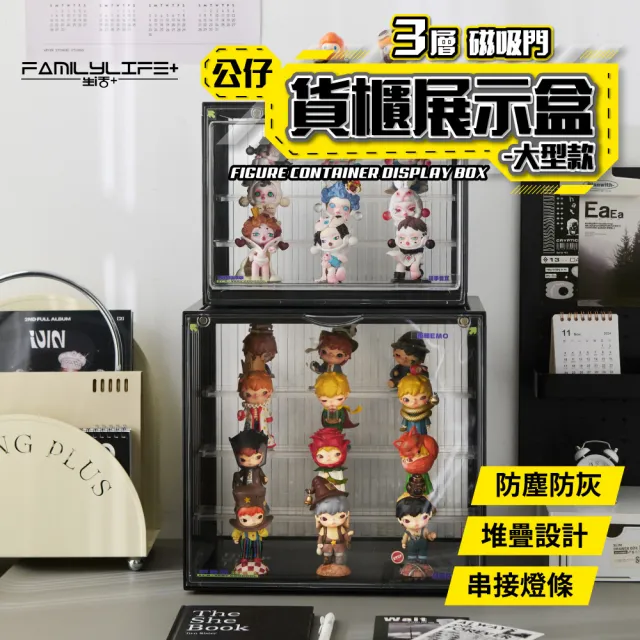 【FL 生活+】貨櫃3層-中型款-磁吸門透明展示盒(展示架/展示盒/模型收納盒/盲盒/扭蛋/模型公仔/A_488)