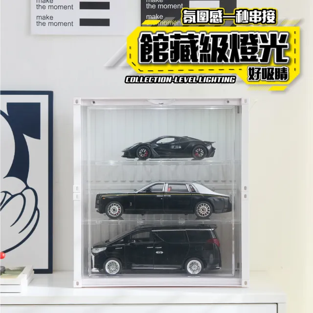 【FL 生活+】貨櫃附燈3層-大型款-磁吸門展示盒(展示架/展示盒/模型收納盒/盲盒/扭蛋/模型公仔/A_485)