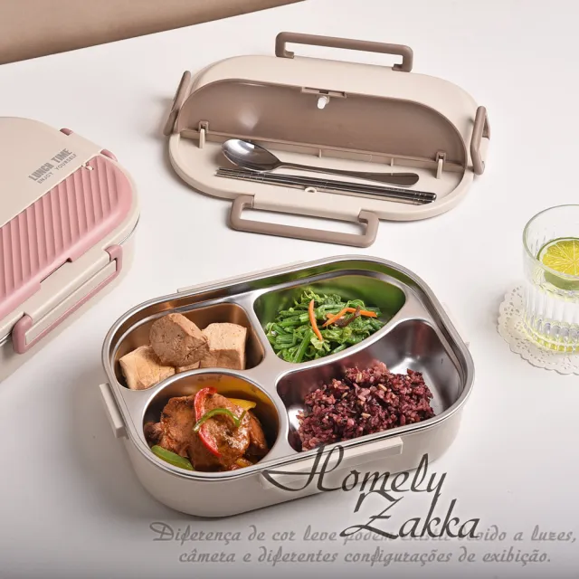 【Homely Zakka】可微波超大容量不鏽鋼分隔保溫便當盒四格 附餐具+湯碗 1入組(微波爐加熱  減脂便當盒)