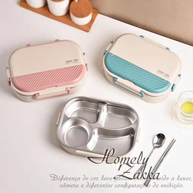 【Homely Zakka】可微波超大容量不鏽鋼分隔保溫便當盒四格 附餐具+湯碗 1入組(微波爐加熱  減脂便當盒)