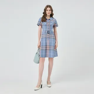 【ILEY 伊蕾】襯衫領腰帶棉質格紋洋裝(淺藍；M-XL；1252077220)