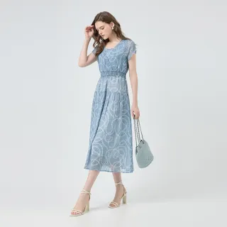 【ILEY 伊蕾】鎖鏈印花收腰飄逸長洋裝(藍；M-XL；1252027489)