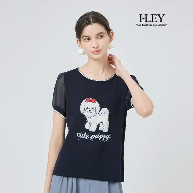【ILEY 伊蕾】小狗緹織棉質針織上衣(深藍;M-2L;1251405013)