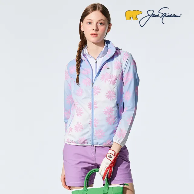 【Jack Nicklaus 金熊】GOLF女款防潑水數位印花連帽外套(藍色)