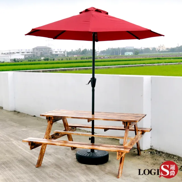 【LOGIS】四尺原木庭園桌椅+傘組(啤酒桌 戶外桌椅 烤肉桌 BBQ 露營桌)