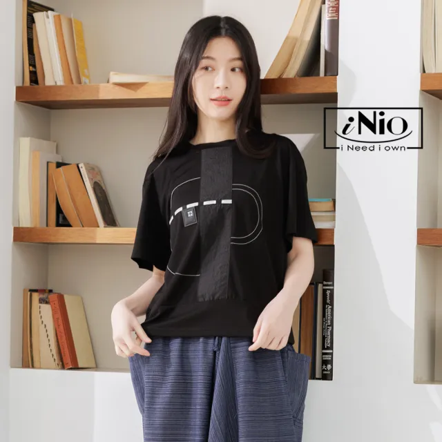 【iNio 衣著美學】短袖上衣 現貨 幾何圖 異材質拼接 圓領短袖棉T(CEW1059)