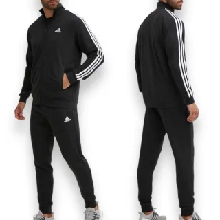 【adidas 愛迪達】男生 運動套裝 立領三線外套/素面縮口棉褲 黑色 男款 休閒長褲 毛巾布內裡(IC6766)