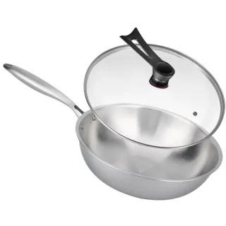 【鼎匠】限時特價★極緻304無塗層 純不鏽鋼炒鍋32cm(電磁爐可用 可立玻璃鍋蓋 複合金高效節能物理不沾煎鍋)