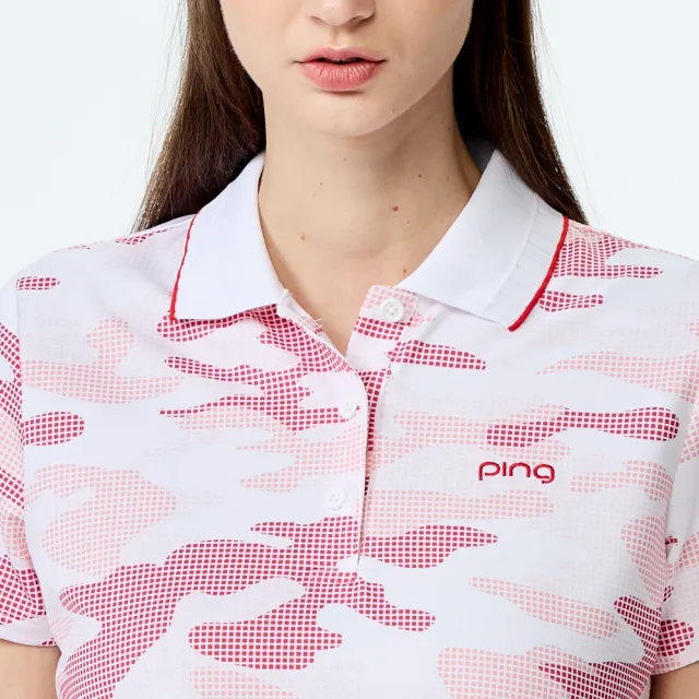 【PING】女款迷彩抗UV高爾夫短袖POLO衫-紅(吸濕排汗/GOLF/高爾夫球衫/RA25105-18)