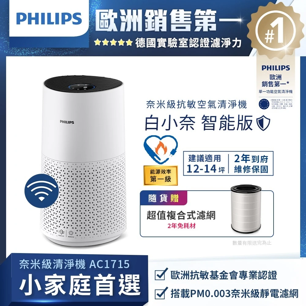Philips 飛利浦奈米級空氣清淨機-白小奈★適用12-14坪,AC1715,80)