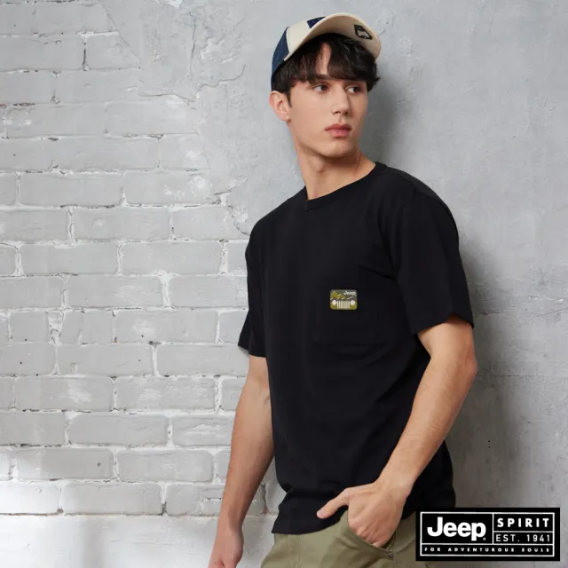 【JEEP】男裝 迷彩布繡口袋純棉短袖T恤(黑色)