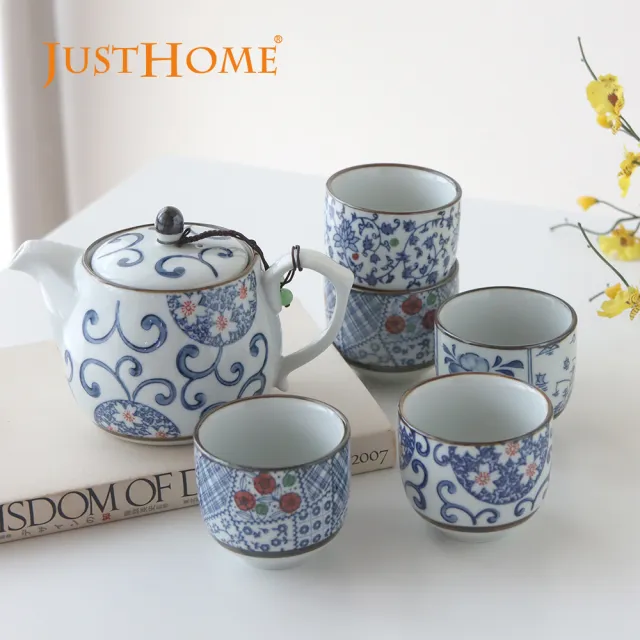 【Just Home】御京繪陶瓷茶具組-1個壺+5個茶杯(490ml 茶具組 泡茶組 茶壺 茶杯)