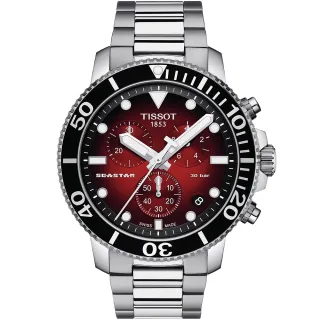 【TISSOT 天梭 官方授權】Seastar 1000 海洋之星300米潛水三眼計時錶-紅/45mm 禮物 推薦(T1204171142100)