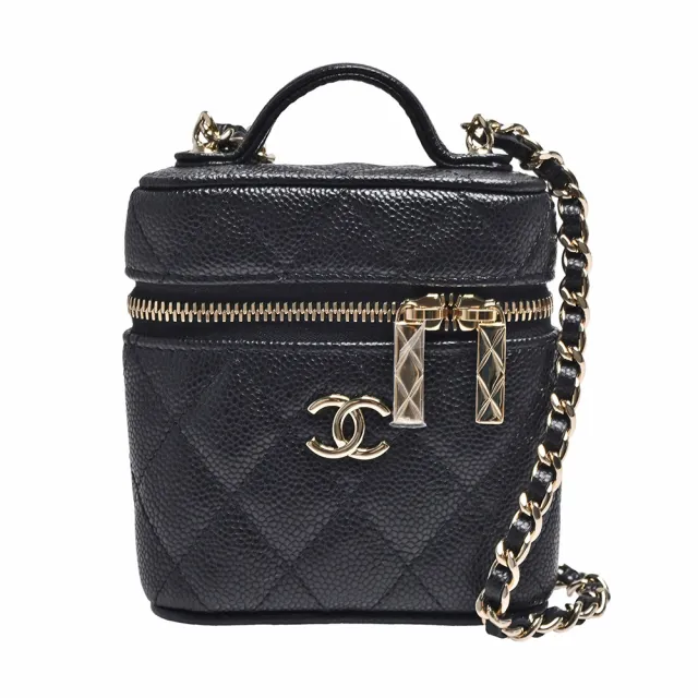 【CHANEL 香奈兒】經典雙C LOGO菱格粒紋牛皮金屬鍊帶手提/斜背小包(黑色AP2503C-BLK-GPN)