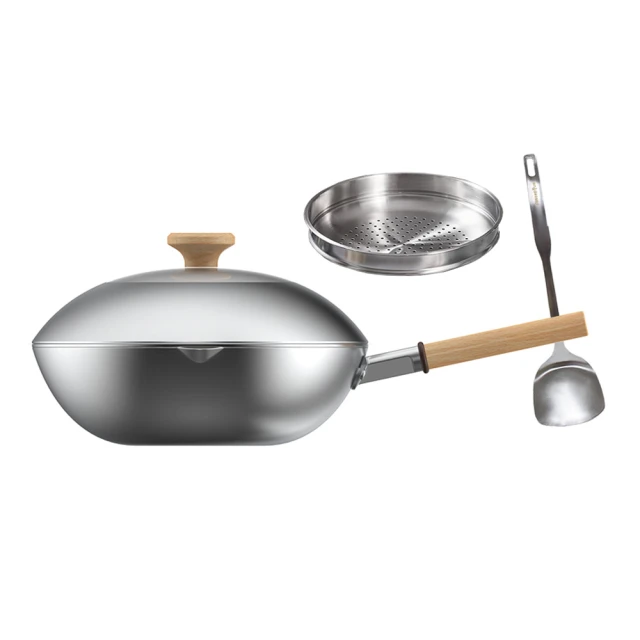 【Taste Plus】悅味元器 鈦合金x430不鏽鋼炒鍋 無塗層不沾炒鍋 32cm IH爐可用鍋(贈鍋蓋+蒸盤+不鏽鋼鏟)