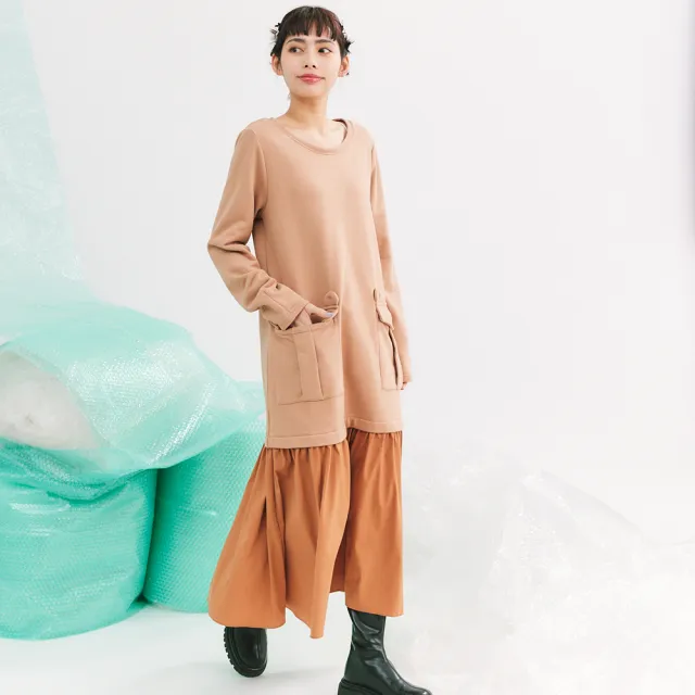 【Dailo】懶人穿搭異材質拼接連身長袖洋裝(藍 咖 灰 /魅力商品)